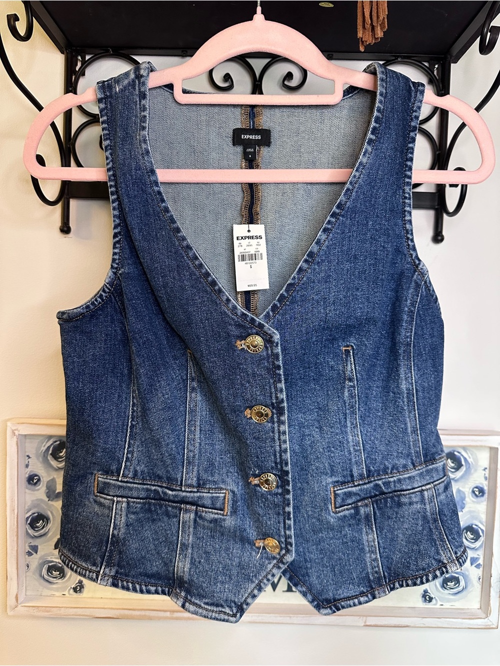 Express Dark Blue Denim Gold Button-Front Vest NWT - Picture 2 of 5